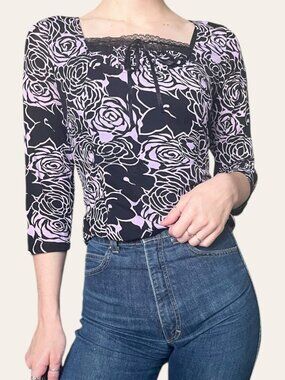 I.N.C. 90s/y2k whimsigoth micromesh top lace ribbon square neck - XLarge